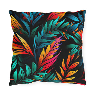 Colorful leaf pattern tropical pillow on a black background